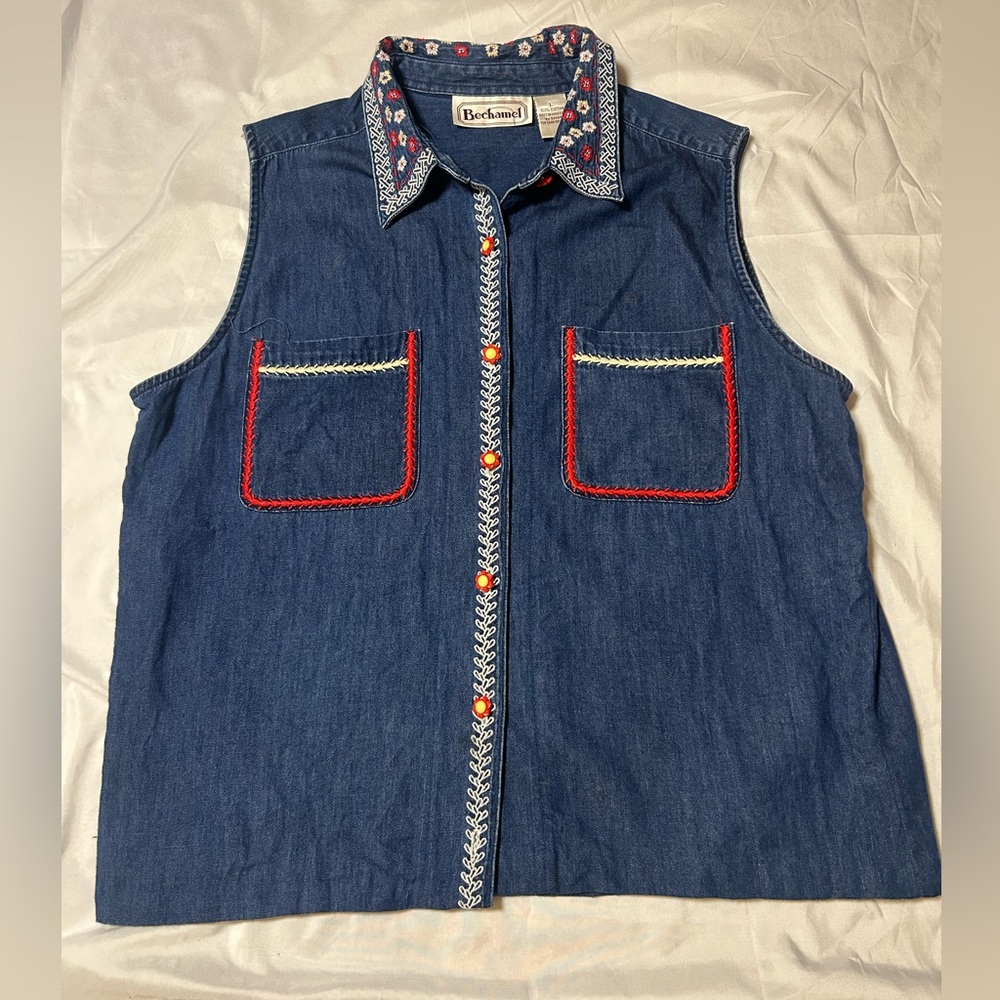 Vintage 90s Bechamel Granny Embroidered Blue Chambray Sleeveless Top Size L Vest